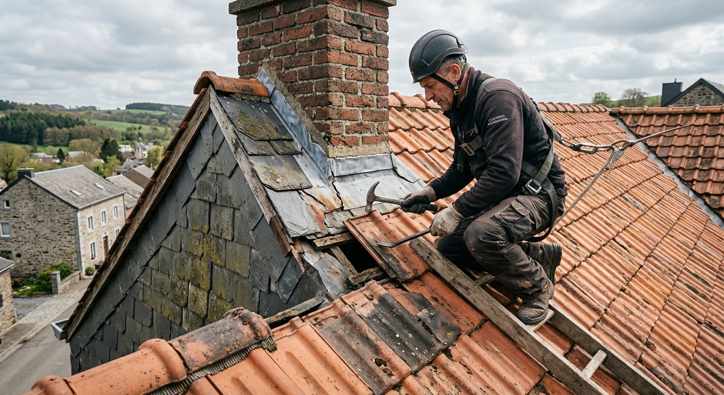 Couvreur professionnel inspectant une toiture en tuiles en Wallonie pour réparer fuite toiture et ardoises abîmées